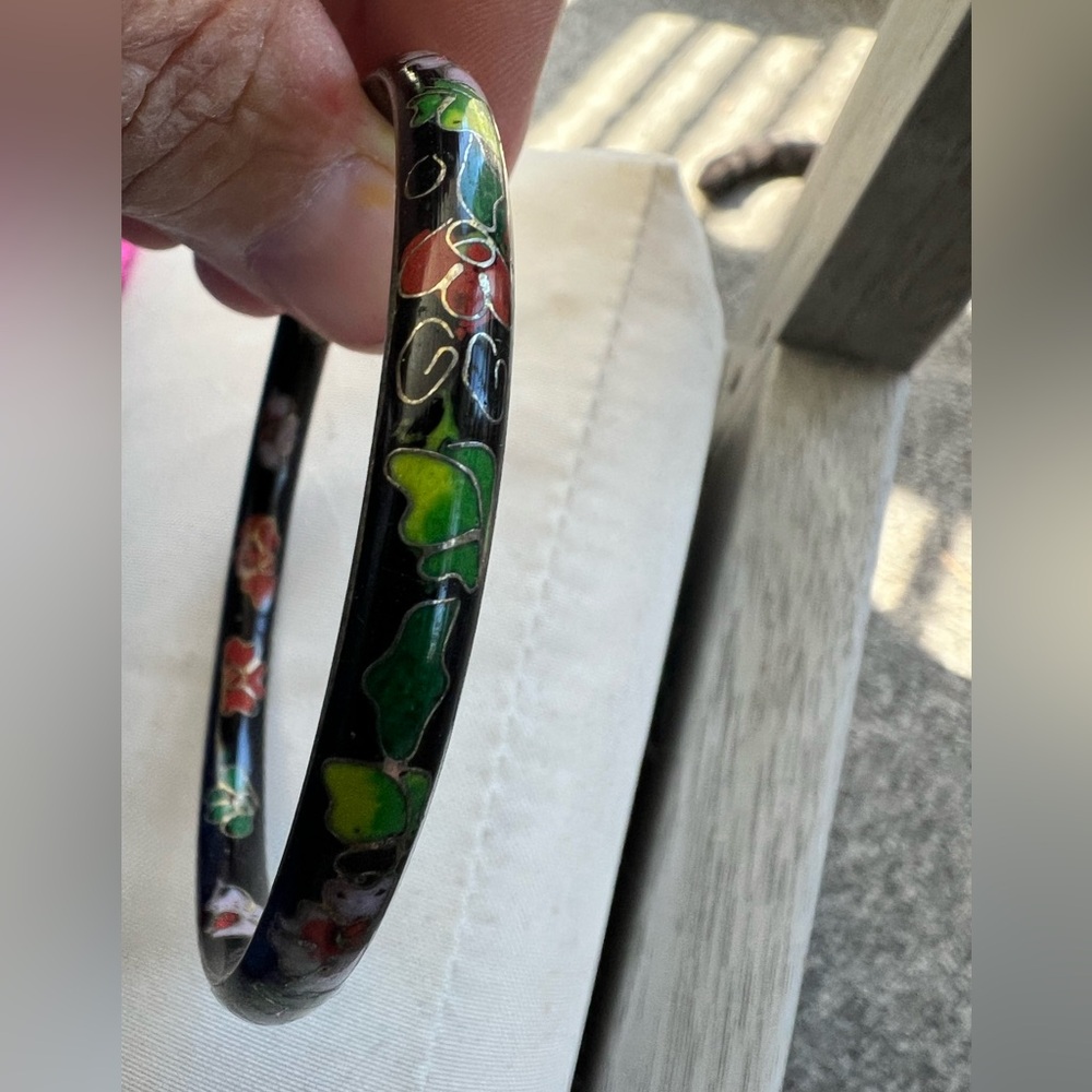 Black with green, red, and purple flowers cloisonné bangle bracelet.